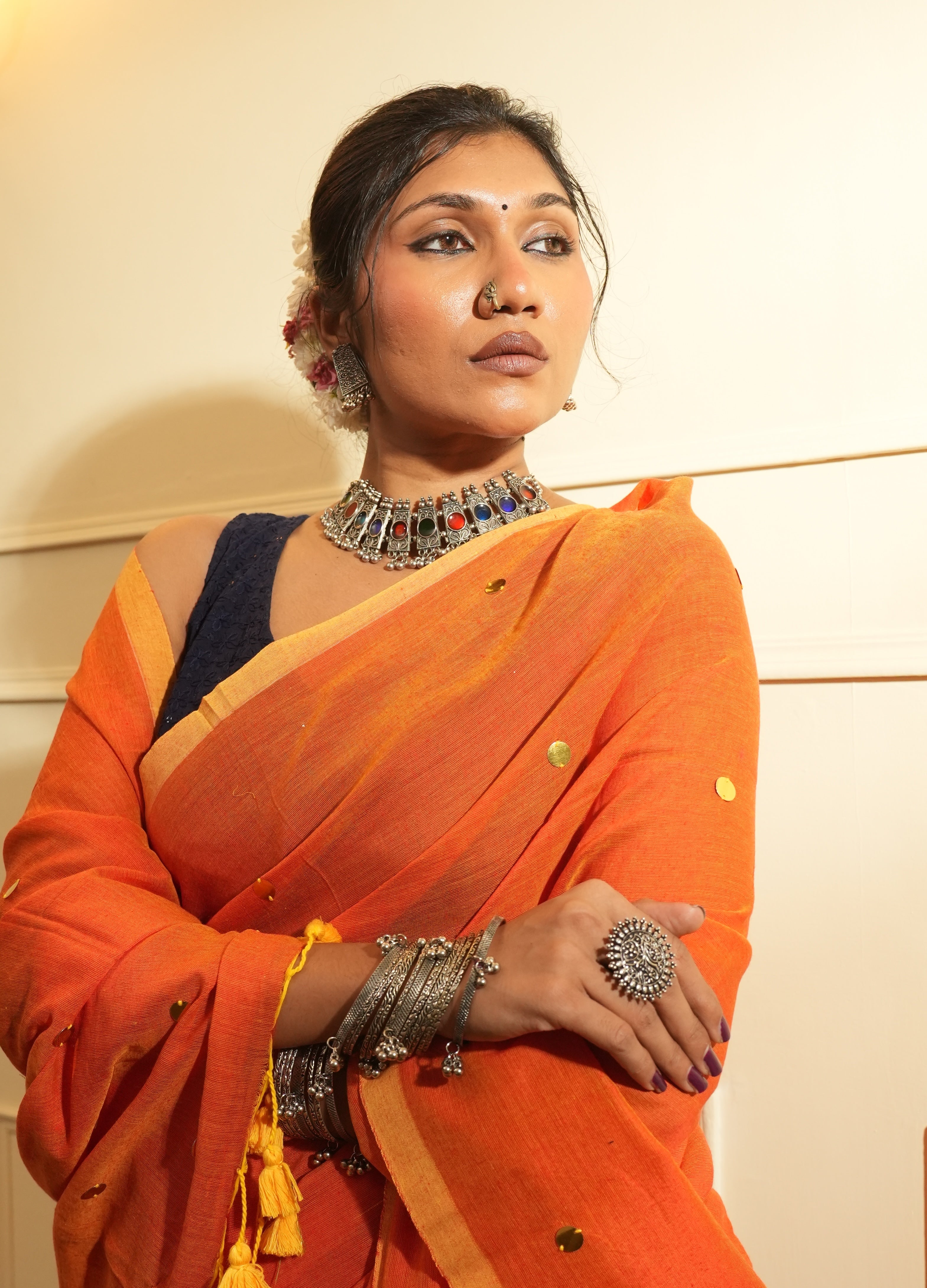 RangDhaaga Orange with Yellow Border Sequence Cotton Saree - By Shreya